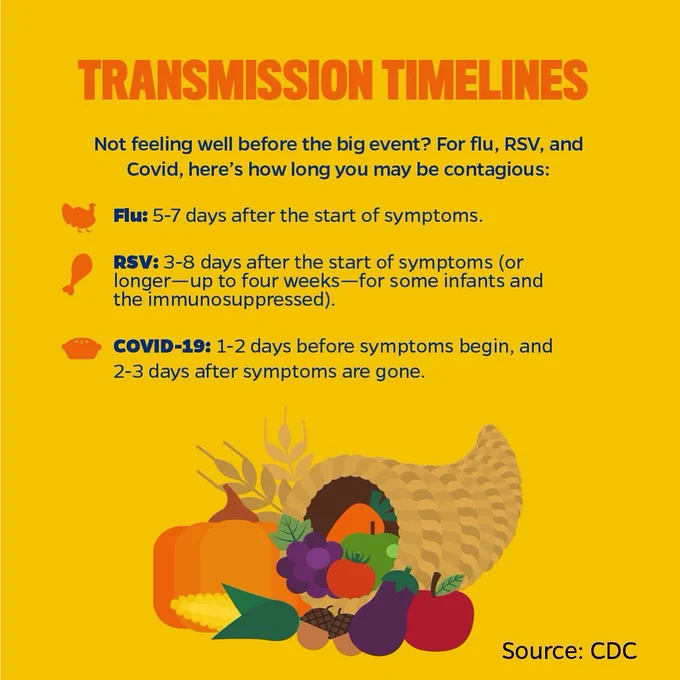 Illustration of cornucopia of fall vegetables and fruits. Headline: transmission timelines.
