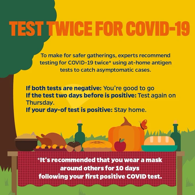 Illustration of Thanksgiving meal outside. Headline: Test twice for Covid-19.