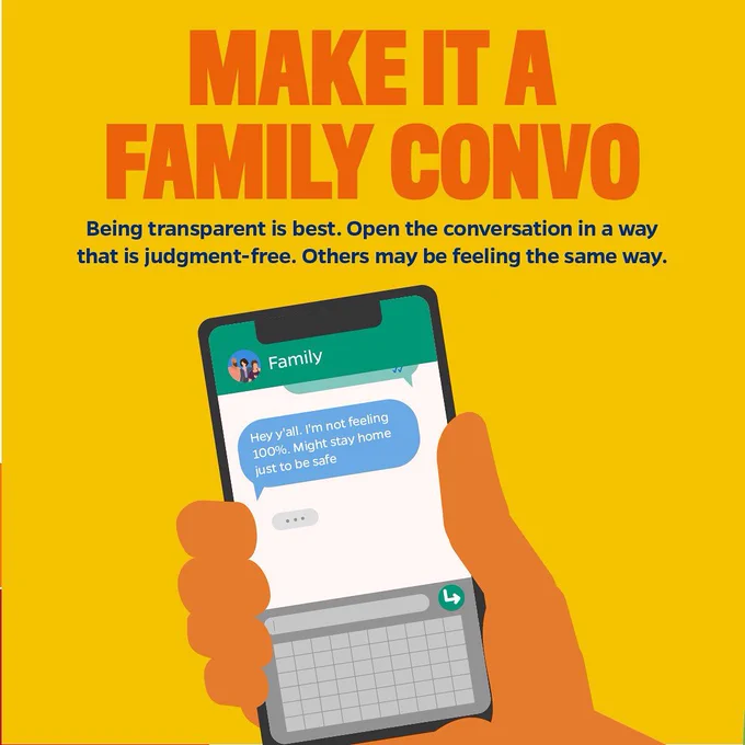 Illustration of a text conversation on a phone. Headline: Make it a family convo.