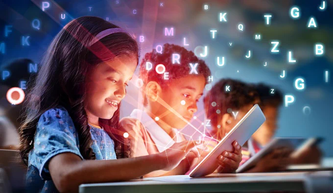 Young students reading. Letters and data points are overalid on the image.