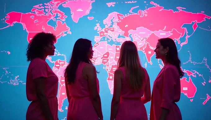 Un groupe de jeunes femmes habillées en rose se trouve devant une carte du monde où tous les pays sont roses.