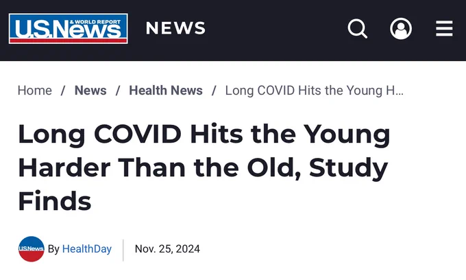 U.S. News: “LongCovid hits the young harder than the old, study finds” November 25, 2024