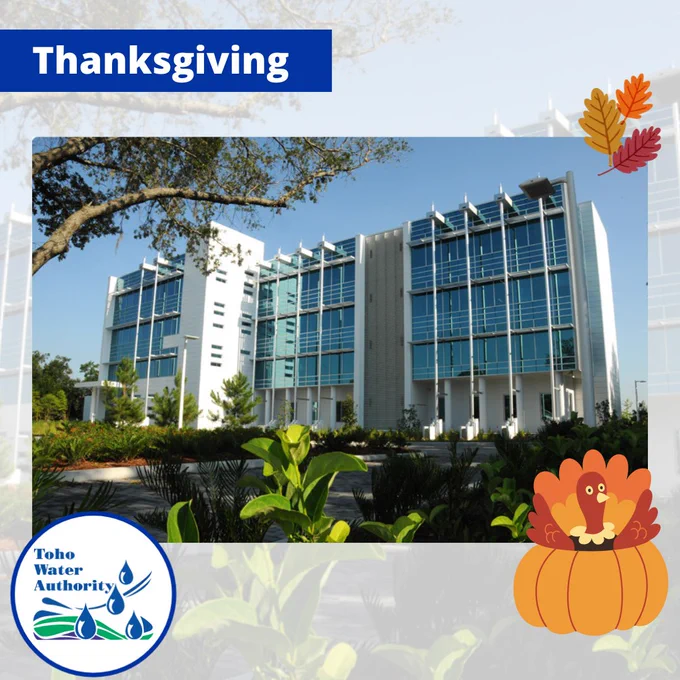 A photo of Toho's Administration Office with two images of Thanksgiving. The word "Thanksgiving" is located in a blue rectangle in the top left and the Toho logo is located in the bottom left. 