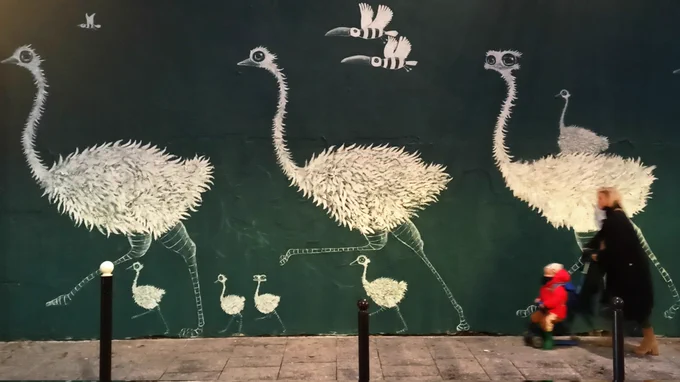 Grande fresque murale sur fond vert représentant 3 grandes autruches blanches accompagnées de cinq bébés autruches dont l'une est sur le dos de la grande à droite. Trois oiseaux ressemblant à des Toucans volent au-dessus. Sur le trottoir, à droite une dame blonde vêtue de noir, pousse un tricycle avec un enfant habillé de rouge. 