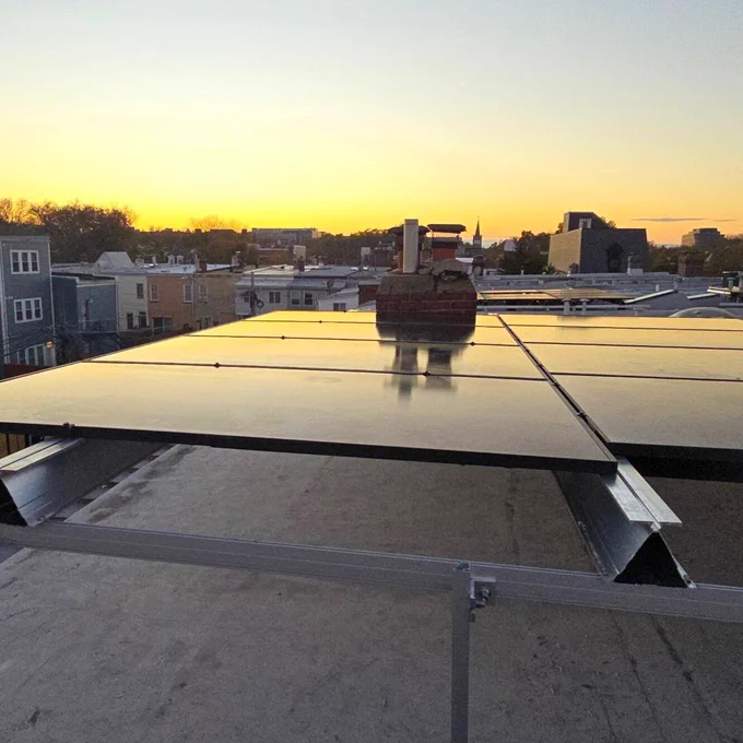Solar panels in Northwest DC at sunset.