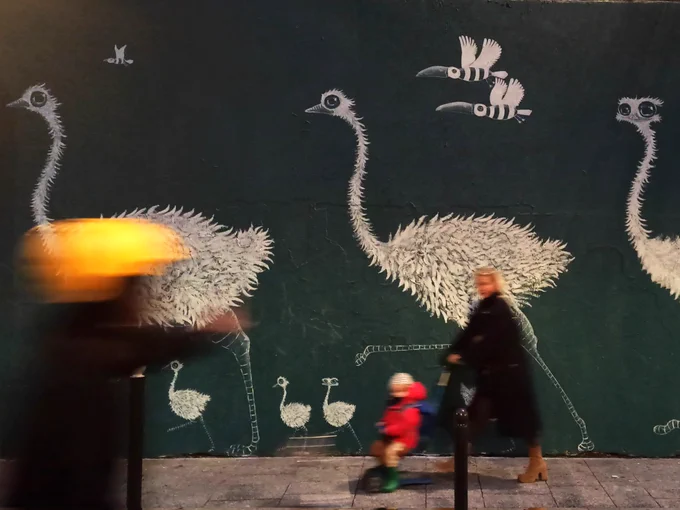 Grande fresque murale sur fond vert représentant 3 grandes autruches blanches accompagnées de bébés autruches. Trois oiseaux ressemblant à des Toucans volent au-dessus. Sur le trottoir, à droite une dame blonde vêtue de noir et bottes marron, pousse un tricycle avec un enfant habillé de rouge. Tous les deux regardent une autre femme avec un casque jaune qui pointe du doigt la fresque. Situation non visible sur la photo : cette femme est en fait en vélo  et s'adresse à son enfant assis à l'arrière en lui montrant 'les autruches'. 