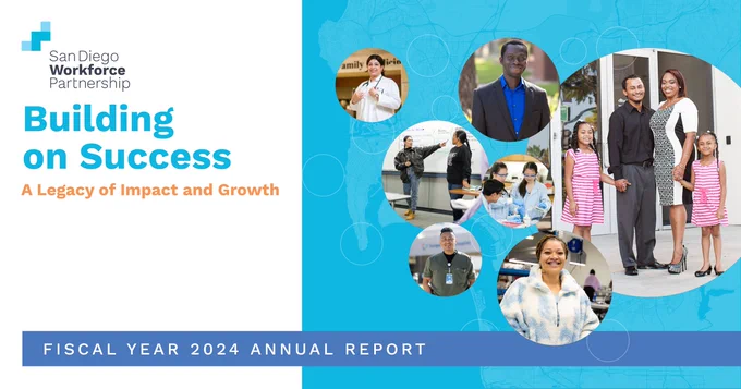 San Diego Workforce Partnership FY 2024 annual report cover, 'Building on Success: A Legacy of Impact and Growth.' Includes a light blue map background and circular images of a healthcare worker, a professional, students, a family, and a factory worker, highlighting community achievements.