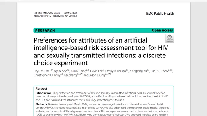 Screenshot of paper header with title "Preferences for attributes of an artificial intelligence-based risk assessment tool for HIV and sexually transmitted infections: a discrete choice experiment", and authors and their affiliations (as tagged and in linked paper). Header shows article is available open access.