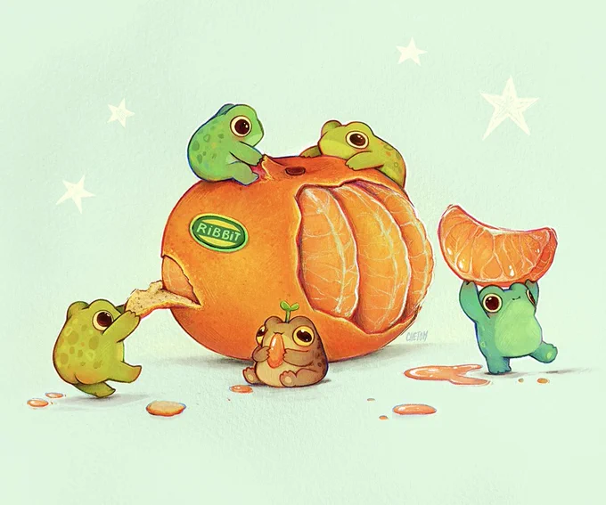 colorful cute whimsical illustration of five frogs playing with a tangerine, artwork of frogs on fruit by chetom 
