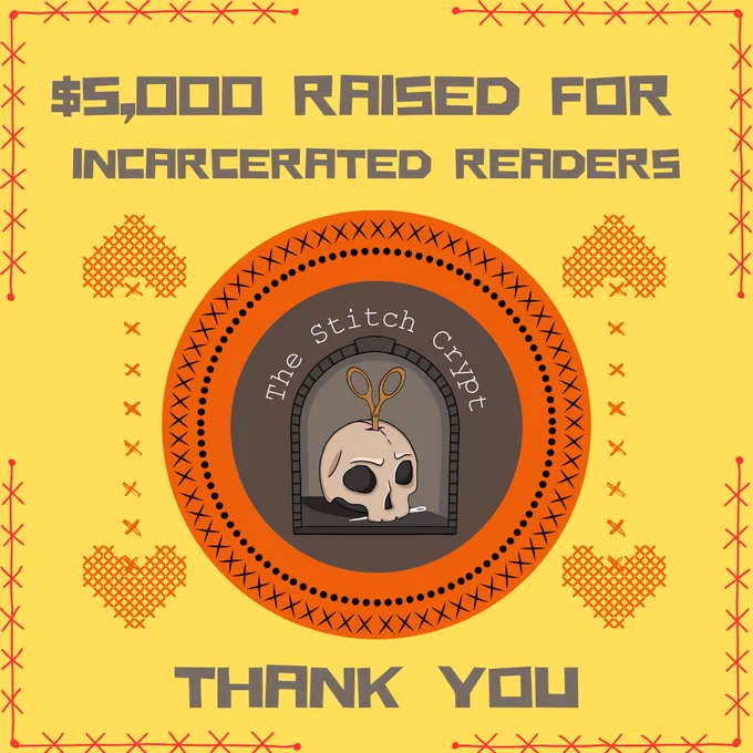 Graphic thanking The Stitch Crypt for fundraising for Books to Prisoners. Background is yellow with red graphics mimicking cross stitches around the border and as hearts. The logo for The Stitch Crypt (a skull with scissors and a needle) is in the center. Gray text in a funky font above and below the logo reads: "$5,000 raised for incarcerated readers/Thank you".