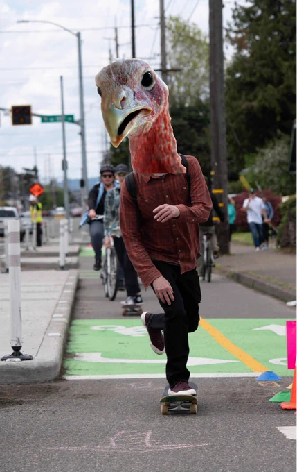 A person with a turkey head superimposed on them skateboards in a protected bike lane on a cloudy day.
