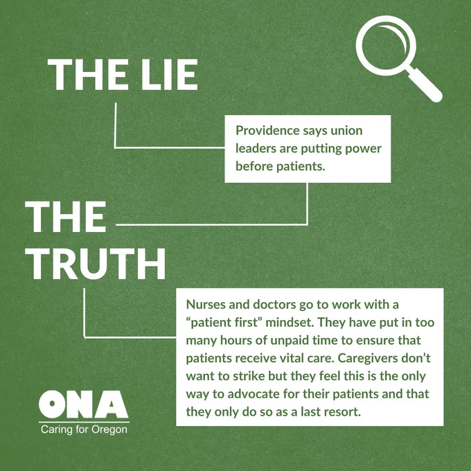 Lie: Providence says union leaders are putting power before patients
Truth: Nurses and doctors go to work with a “patient first” mindset. They have put in too many hours of unpaid time to ensure that patients receive vital care. Caregivers don’t want to strike but they feel this is the only way to advocate for their patients and that they only do so as a last resort.
ONA logo. Magnifying glass graphic