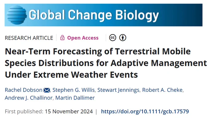 Screenshot reads: Near-Term Forecasting of Terrestrial Mobile Species Distributions for Adaptive Management Under Extreme Weather Events." Authors: Rachel Dobson, Stephen G. Willis, Stewart Jennings, Robert A. Cheke, Andrew J. Challinor, and Martin Dallimer. Published in Global Change Biology