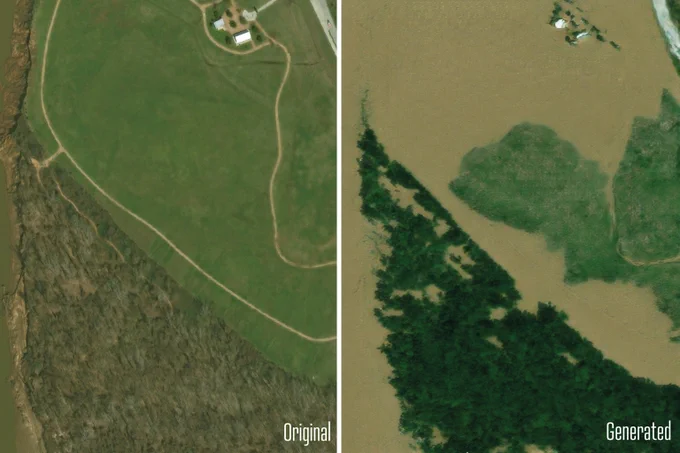 A generative AI model visualizes what floods in Texas might look like in satellite imagery. The original photo, of an unflooded rural area, is on the left, and the AI generated image, showing the same area covered in brown floodwaters, is in on the right.
Credit: Pre-flood images from Maxar Open Data Program via Gupta et al., CVPR Workshop Proceedings. Generated images from Lütjen et al., IEEE TGRS.