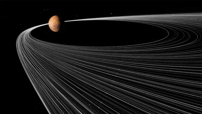 #Accessibility: A computer simulation shows how an asteroid could be shredded as it passes closes to Mars and eventually turn into a moon-forming ring of debris around the Red Planet