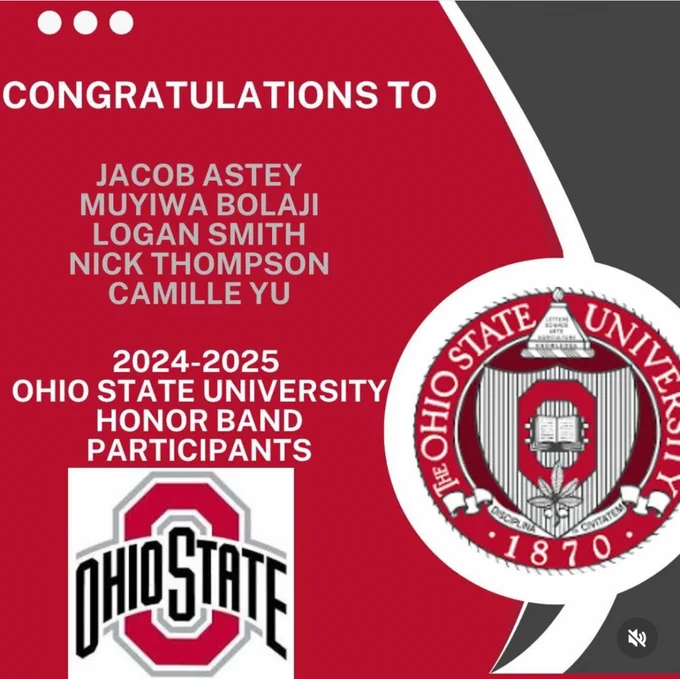Congratulations to Jacob Astey, Muyiwa Bolaji, Logan Smith, Nick Thompson, and Camille Yu on being selected to participate in The Ohio State University Honor Band!



This prestigious event, one of the longest-running and most distinguished of its kind, honors top high school musicians in the State of Ohio. These outstanding students are chosen through a rigorous process that includes a director nomination and performance audition submissions.



While participating in the Honor Band students will perform challenging pieces under the direction of Ohio State University band faculty. A culminating concert experience will also take place. Congratulations again to these talented musicians on their significant achievement!