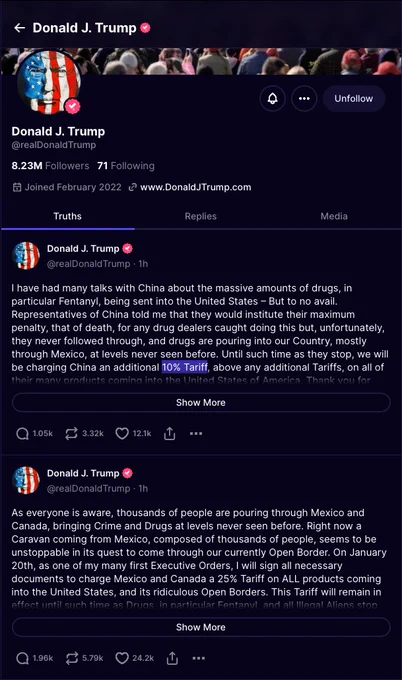 Monday, November 25, 2024 “truths” by @realDonaldTrump:
https://truthsocial.com/@realDonaldTrump/posts/113546215408213585
https://truthsocial.com/@realDonaldTrump/posts/113546215051155542