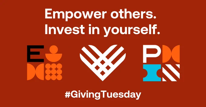 An image featuring the text 'Empower others. Invest in yourself.' for Giving Tuesday. It includes stylized graphics with the PMIEF, PMI, and Giving Tuesday logos on a dark orange background.