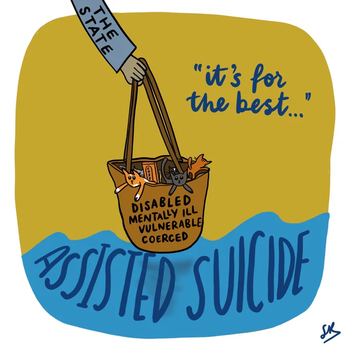A long arm labelled “the state” is holding a bag of frightened kittens and a brick labelled “cost” over waters which say “assisted suicide” the bag is labelled “disabled, mentally ill, vulnerable, coerced”