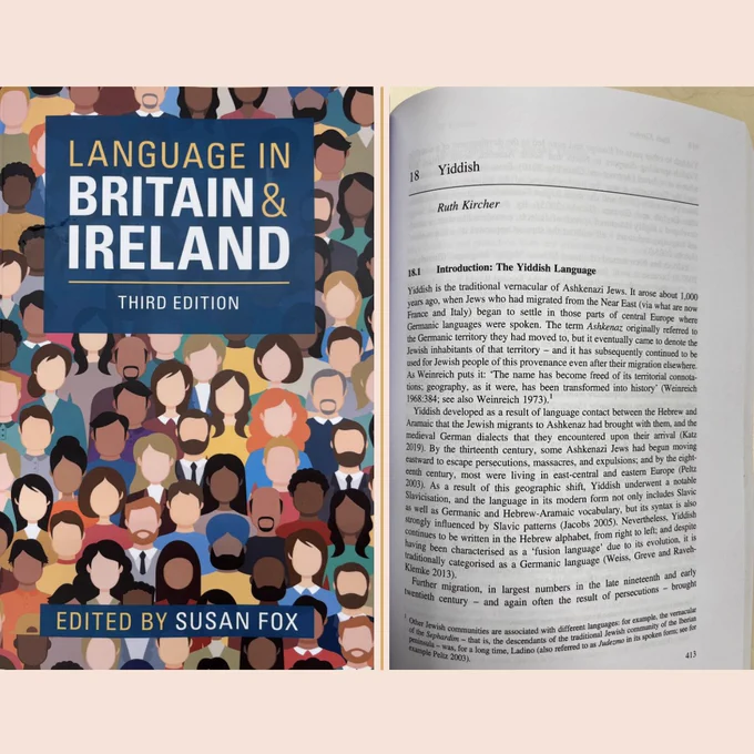 On the left: the book cover of "Language in Britain & Ireland", third edition, edited by Susan Fox - on the right: the first page of chapter 18, "Yiddish", which begins with an introduction to the Yiddish language.