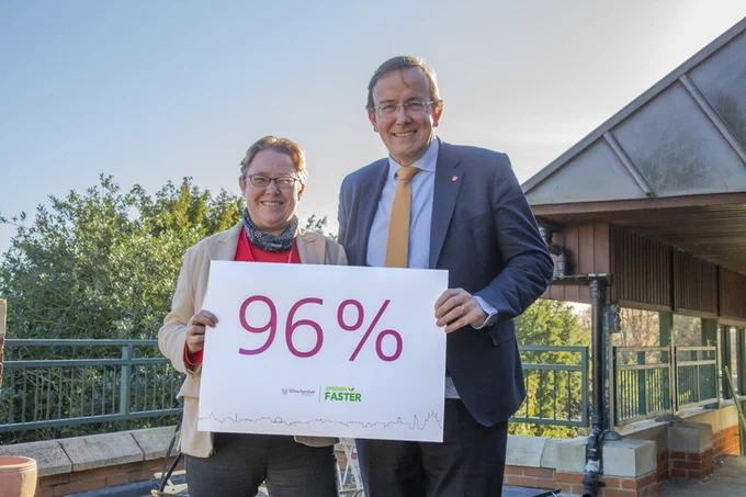 woman and a man holding a white board which says 96% 
