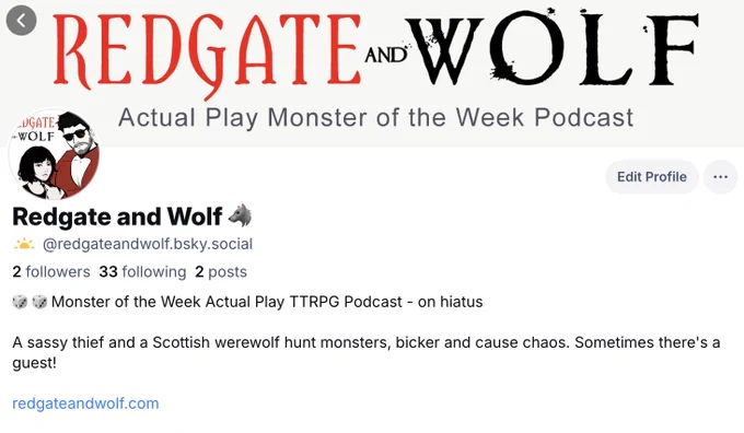 Screenshot of bluesky account for Redgate and Wolf. @redgateandwolf.bsky.social