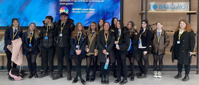An image of pupils from a Glasgow school having a Barclays LifeSkills tour of Barclays campus.