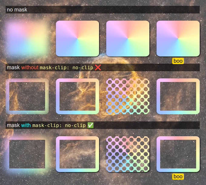 Screenshot of the linked demo. Shows 4 examples in 4 cases: no mask, mask without mask-clip: no-clip and mask with mask-clip: no-clip.

In the first case, the blur resulting from a filter, box-shadow and a pseudo can be seen outside the element's border-box. In the second case, we have an area inside the element masked out and all of the above that's outside the element's border-box is cut out too.In the third case, we have an area inside an element, but the blur, box-shadow and pseudo are still visible outside the element's border-box.