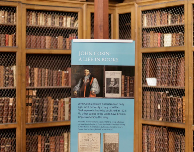 An information panel for visitors, standing in Cosin's Library. 
