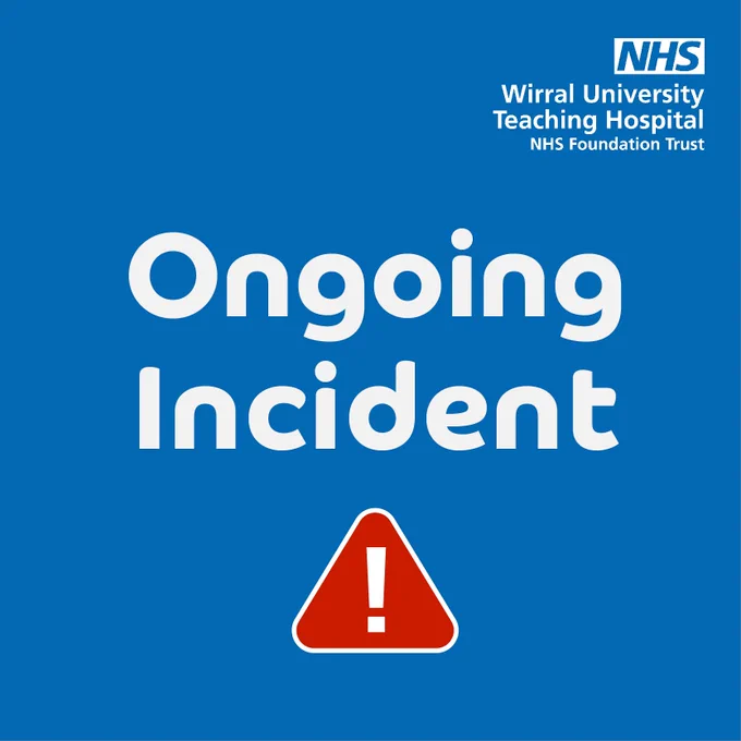 Blue background with white text saying Ongoing Incident. NHS WUTH logo. Red triangle with exclamation mark