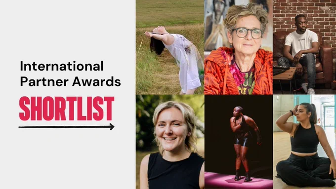 On the left, bold black and pink text on a grey background reads, “International Partner Awards Shortlist,” underlined by a right-pointing arrow. To the right, a grid of images showcases the shortlisted artists. 