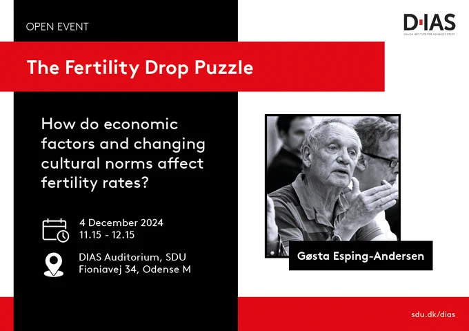 Black, white and red flyer with a photo of Gøsta Esping-Andersen and the text "The Fertility Drop Puzzle"