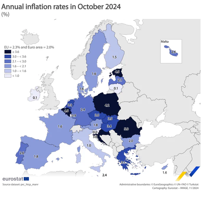 Map graphic showing annual inflation rates in October 2024 (%)