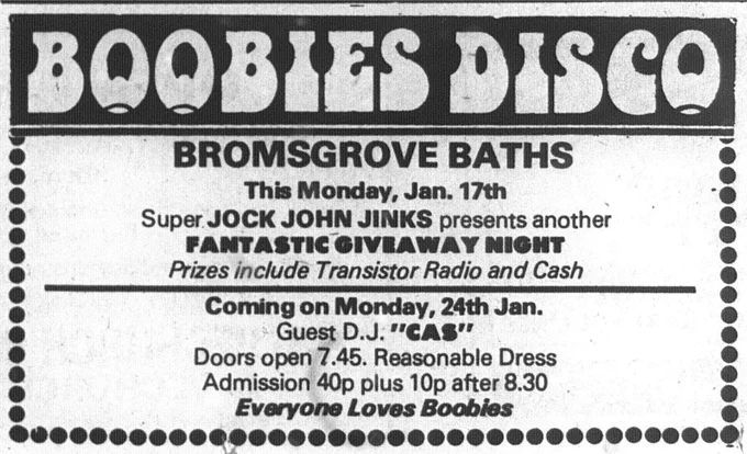 A small newspaper advertisement in black and white for 'Boobies disco'