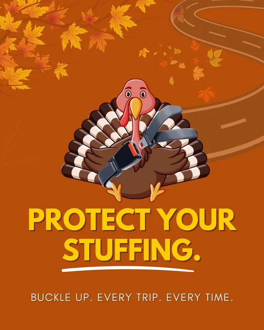An illustration of a turkey wearing a seatbelt, with the text 'Protect Your Stuffing. Buckle up. Every trip. Every time.' set against a backdrop of autumn leaves.