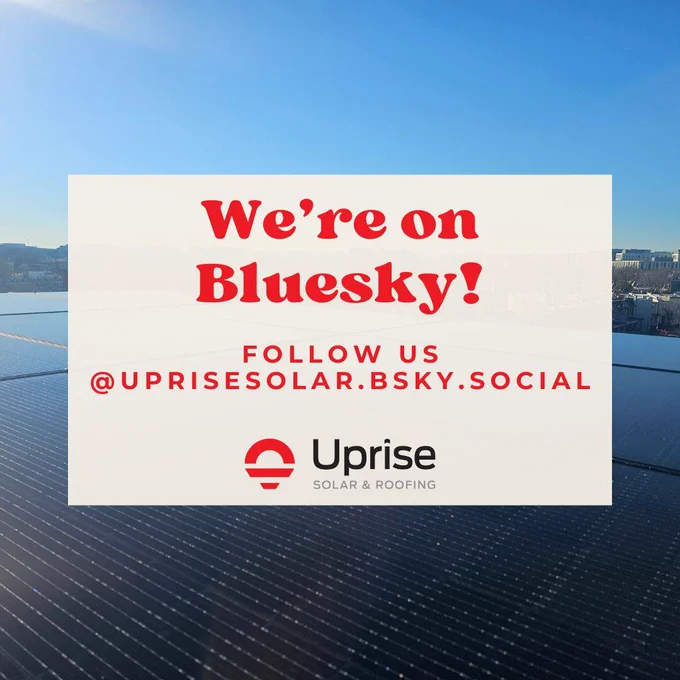 A social post letting followers know they can follow Uprise Solar on Bluesky @uprisesolar.bsky.social.