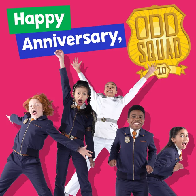 Promotional image celebrating the 10th anniversary of "Odd Squad" featuring children in character uniforms posing excitedly against a pink background with the text "Happy Anniversary, Odd Squad 10.
