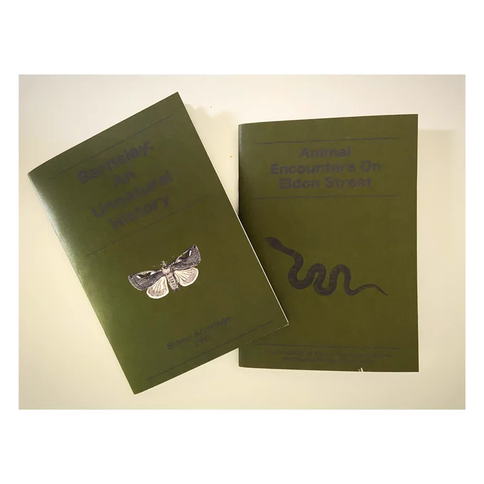 two green poetry books with a moth and snake on the front