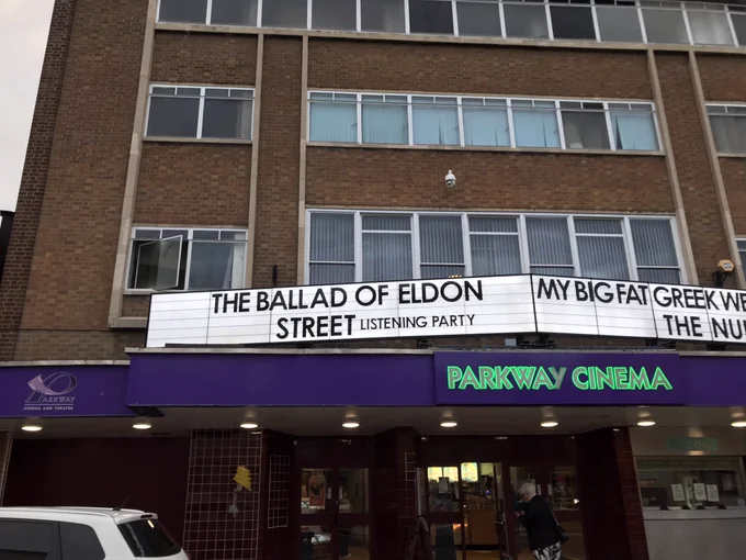 The Ballad of Eldon Street Listening Party sign on The Parkway
