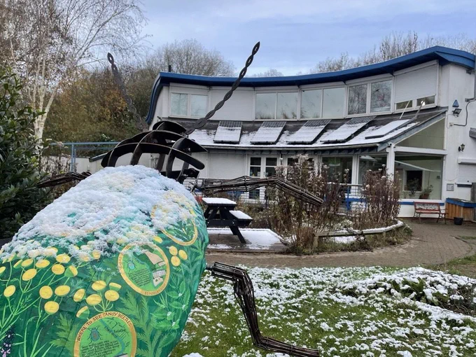 a giant metal sculpture of a tansy beetle is in the forefront of a photo of the St Nicks Environment centre garden. There is a light dusting of snow on the green beetles shell which also has paintings of yellow tansy plants and circles showing the beetles life cycle.