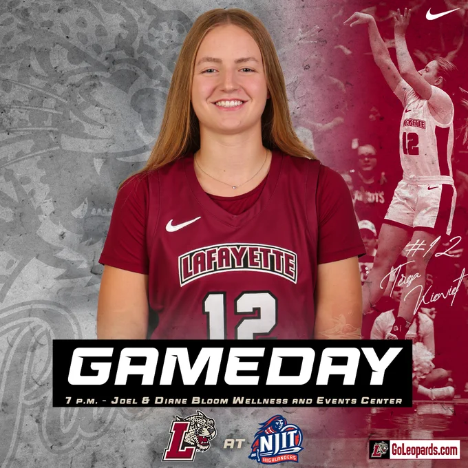 Sophomore guard Teresa Kiewiet posed inside a graphic highlighting the teams 7 p.m. matchup at NJIT tonight. 