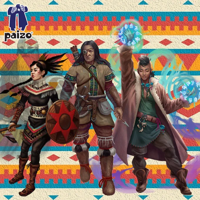 Three indigenous rpg characters on a traditional geometric patterned background.