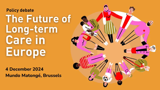 Orange background. Illustration of different people from all ages and backgrounds linking arms in a circle. Text reads: 'The future of long-term care in europe. 4 december 2024 Mundo matongé