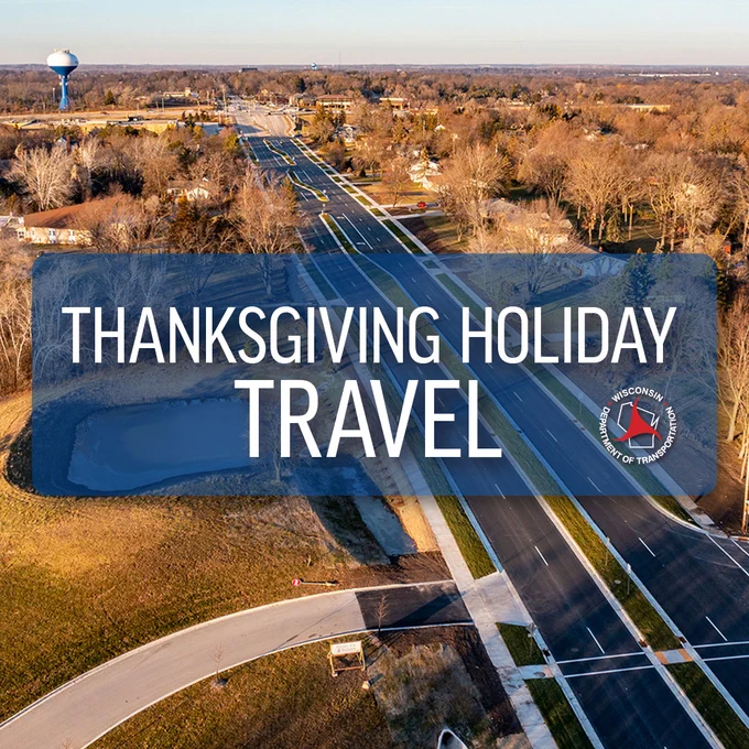 aerial view of road and text: Thanksgiving holiday travel