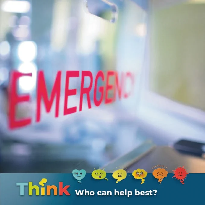 'Emergency - Think. Who can help best?'. Accompanied by a few emojis.
