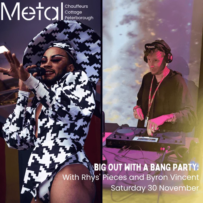 A photo with an image of Rhys’ Pieces on the left, performing in a black and white outfit on a stage. On the right is an image of Byron Vincent DJing.