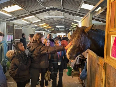 Students stood in a stable, one is stroking a black cob with a white nose and a long, wavy mane over the front of its face.