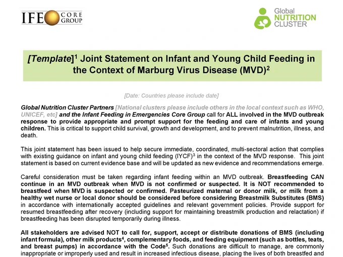 Template Joint Statement on Infant and Young Child Feeding in the context of Marburg virus disease