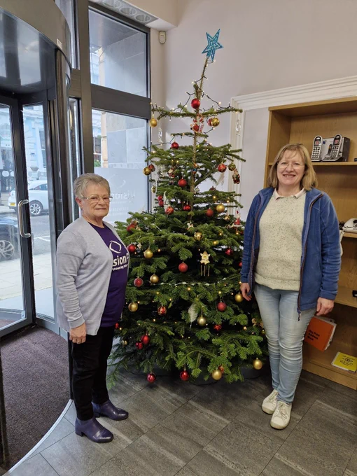 VisionPK volunteers stood either side of visionpk's decorated christmas tree
