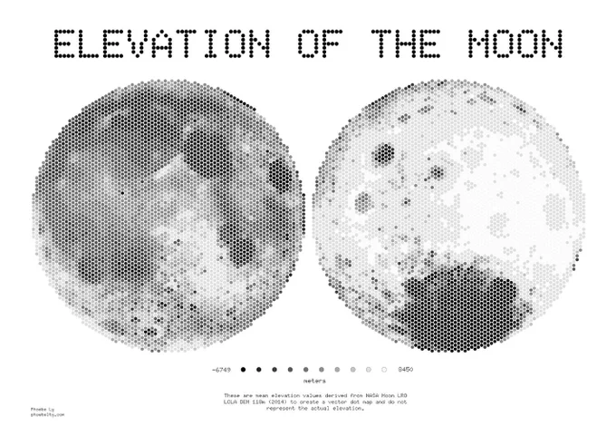 An elevation map of the moon's surface, using dots on a grayscale from dark to light. Created by Phoebe Ly.